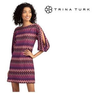 TRINA TURK NWT Small Pura Vida Zig Zag Multicolor Sheath Dress Cold Shoulder